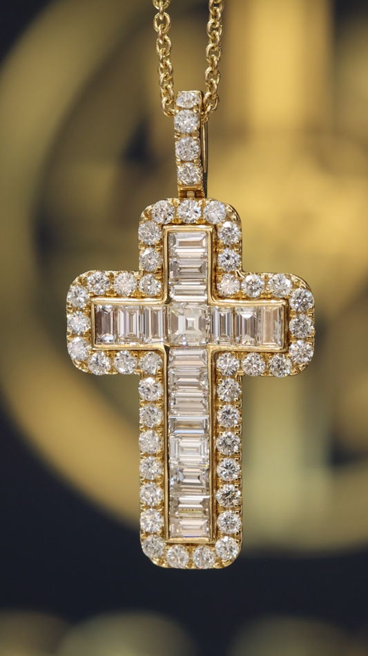 Baguette & Round Diamond Cross Pendant Necklace in 14K Yellow Gold | Modern Halo Design