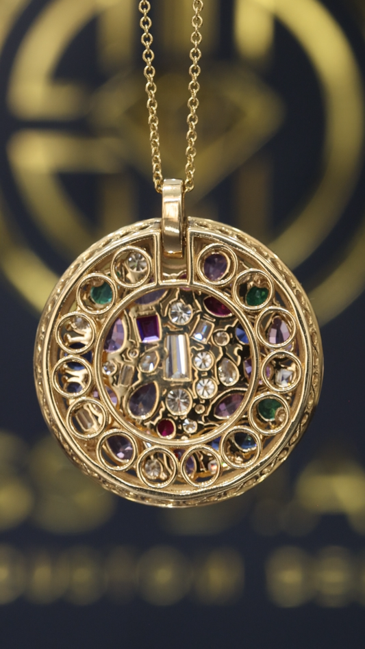 Natural Multi-Gemstone & Diamond Medallion Necklace in 14K Yellow Gold | Mosaic Halo Design