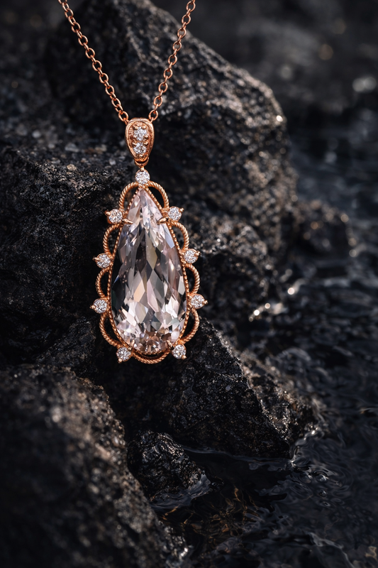 14K rose gold pear shaped morganite pendant with 5.88 carat center stone and 0.15 carat G-H SI diamond rope halo design
