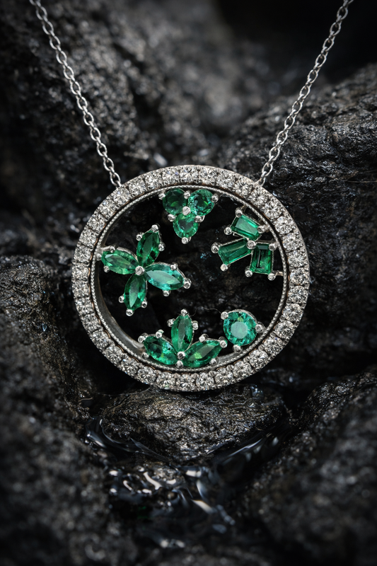14K white gold emerald floral halo pendant with 0.88 carat emerald cluster and 0.74 carat G-H SI diamond circle frame