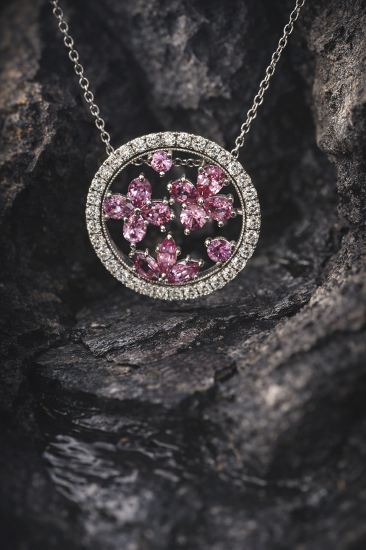 14K white gold pink sapphire floral halo pendant with 0.90 carat sapphires and 0.75 carat G-H SI diamond circle frame
