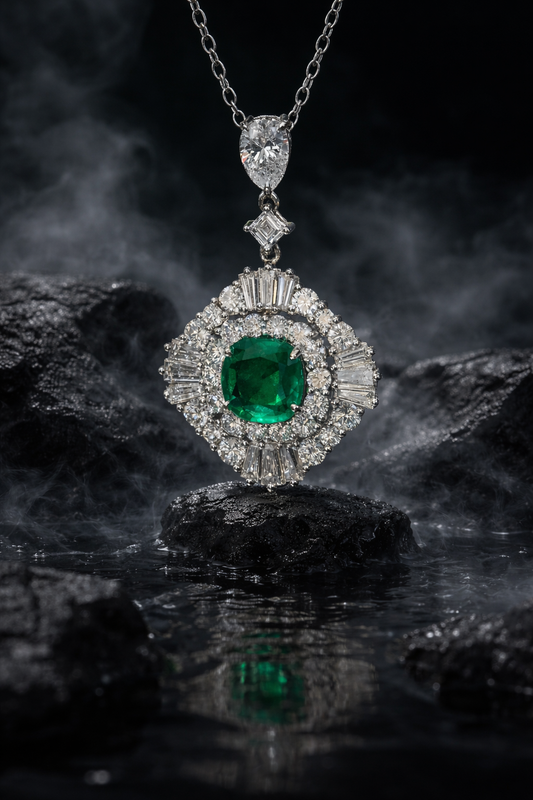 14K white gold emerald halo pendant with 1.00 carat cushion cut emerald and 2.01 carat G-H VS-SI diamond cluster setting