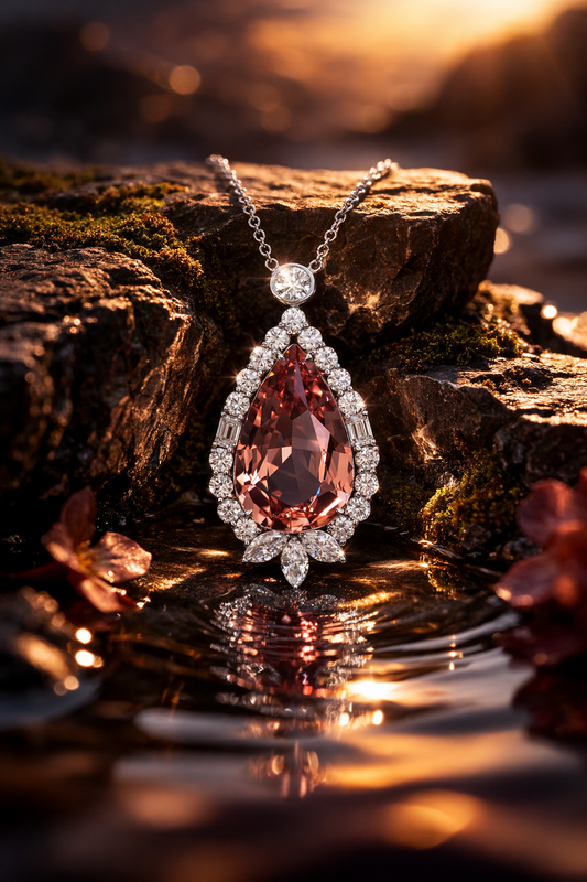 14K white gold pear shape morganite halo pendant with 6.01 carat center stone and 2.01 carat G-H SI diamond setting