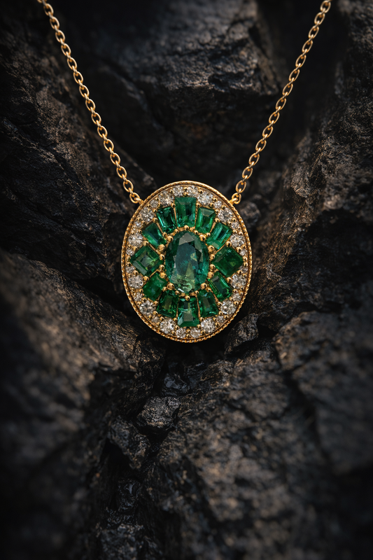 14K yellow gold emerald cluster halo pendant with 1.00 carat oval emerald and 0.20 carat G-H SI diamond frame