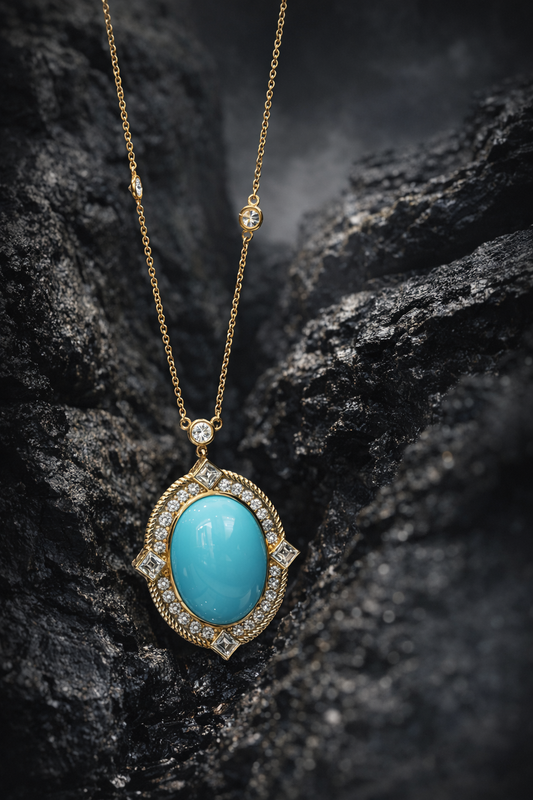 14K yellow gold oval turquoise halo pendant with 19x15mm cabochon center and 1.8 carat G-H SI diamond rope frame design