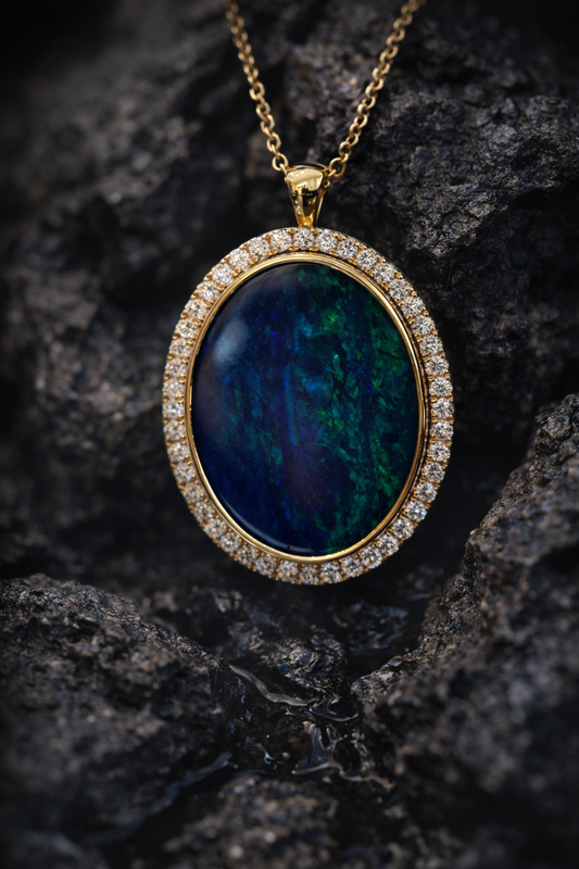 14K yellow gold oval black opal halo pendant with 0.42 carat G-H SI diamond pavé setting
