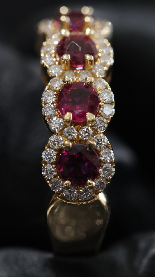 Classic Ruby Diamond Halo Band in Yellow Gold | Oval Ruby Cluster Ring with Diamond Accents