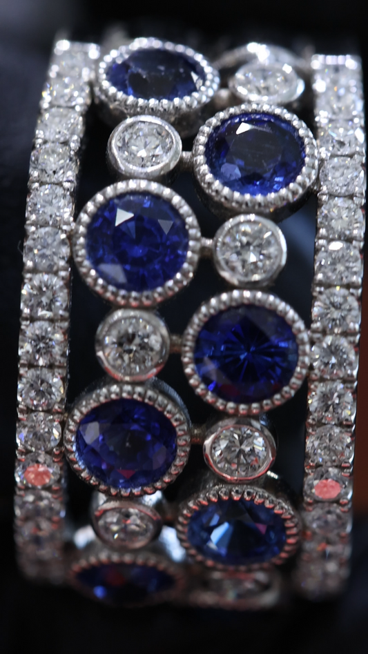 Blue Sapphire & Diamond Wide Band in White Gold | 3.55 CT