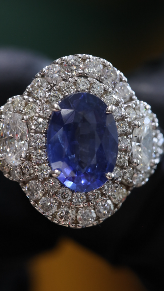 Oval Blue Sapphire Double Halo Ring with Diamond Accents | 4.41 CTW