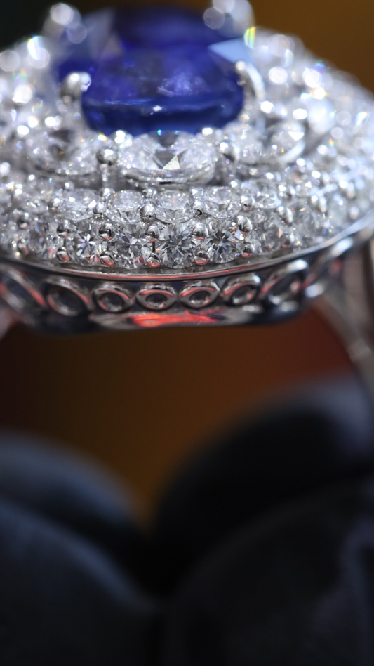 Blue Sapphire & Diamond Halo Ring in White Gold | 7.18 CTW