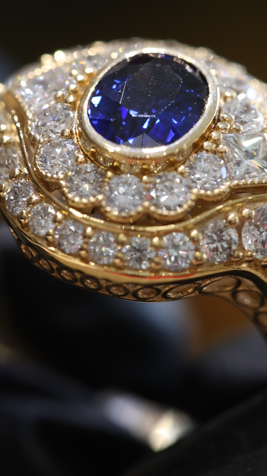 Blue Sapphire Diamond Cocktail Ring in Yellow Gold | 3.25 CTW