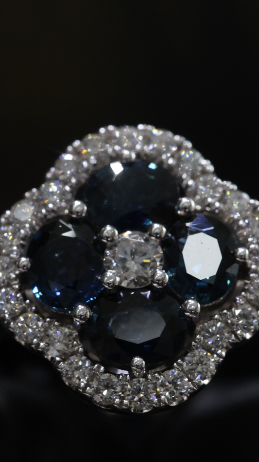 Sapphire & Diamond Cluster Halo Ring in White Gold | 2.90 CT Sapphire + .45 CTW Diamonds