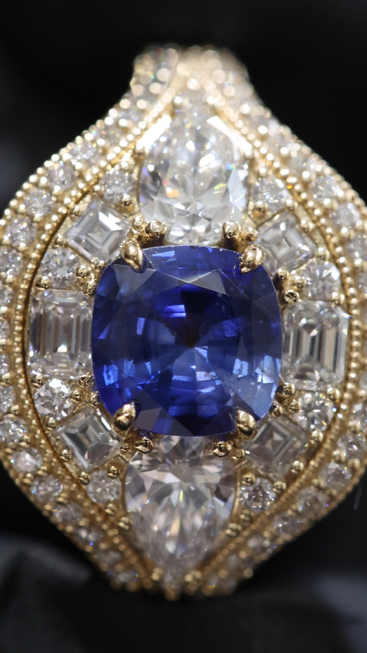 Sapphire & Diamond Halo Ring in Yellow Gold | .95 CT Sapphire + 1.47 CTW Diamonds