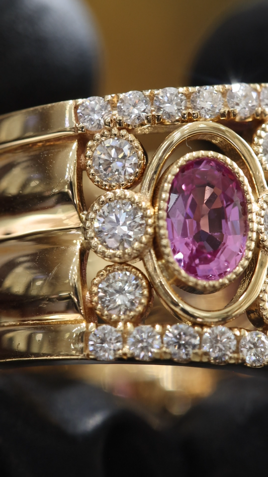 Imperial Pink Sapphire Mosaic Band in Yellow Gold | Multi-Oval Gemstone Diamond Ring