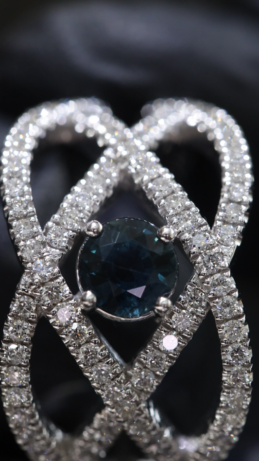 Sapphire & Diamond Crisscross Ring in White Gold | .55 CT Sapphire + .80 CTW Diamonds