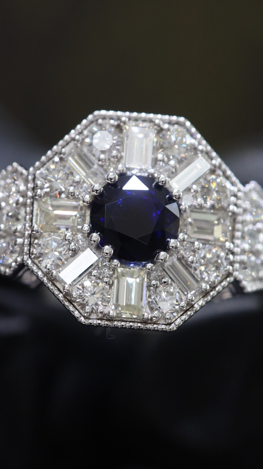 Midnight Hexagon Sapphire Ring in White Gold | Art Deco Baguette Diamond Halo