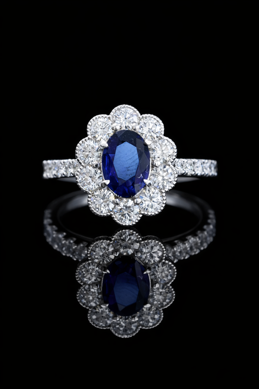 Natural Sapphire Diamond Floral Halo Ring 14K White Gold | 0.78 CT Houston Jeweler