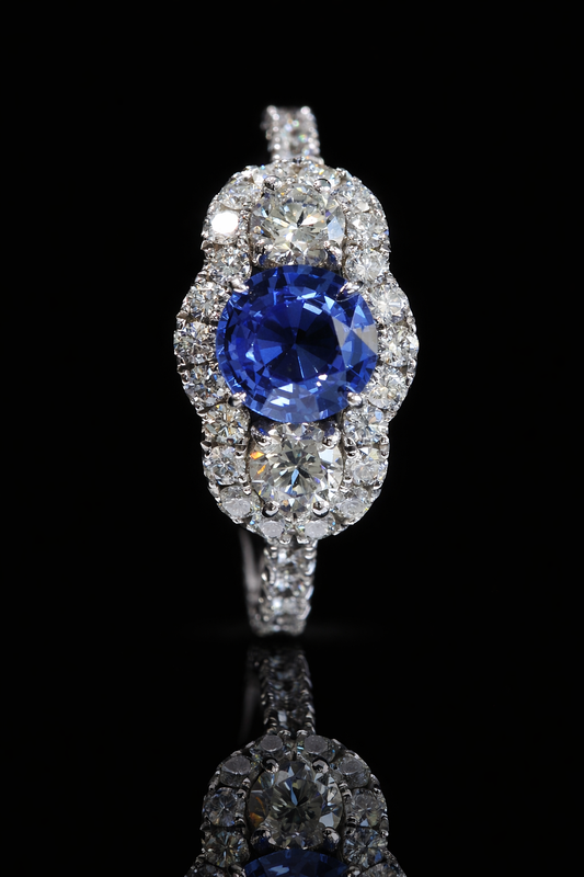 Natural Sapphire Three-Stone Diamond Halo Ring 14K White Gold | 0.90 CT houston jeweler
