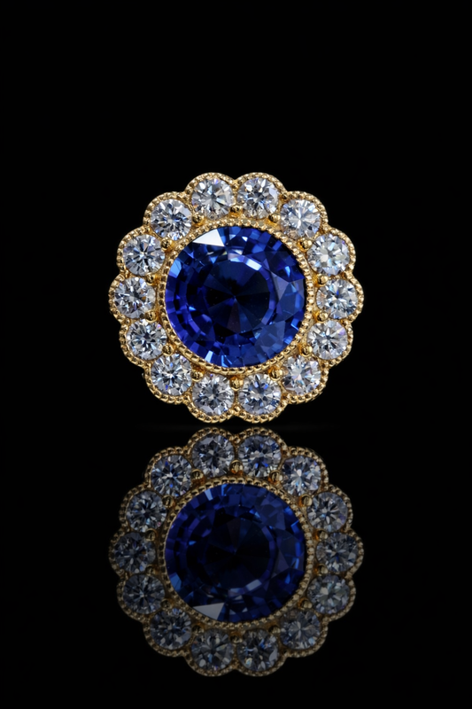 Natural Sapphire Diamond Halo Flower Ring 14K Yellow Gold | 0.92 CT houston jeweler