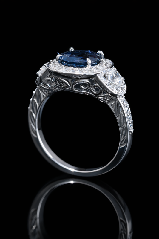 Natural Diamond ring with a blue sapphire gemstone 2.17ct Houston Jeweler 14k White Gold