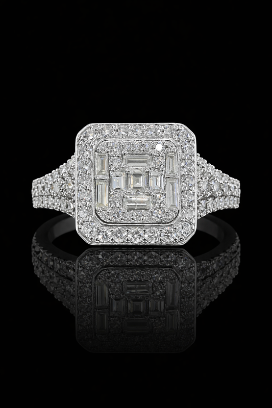 Natural White Diamond Square Halo Ring with Mixed-Cut Mosaic in White Gold | Bold Vintage-Inspired Statement Design