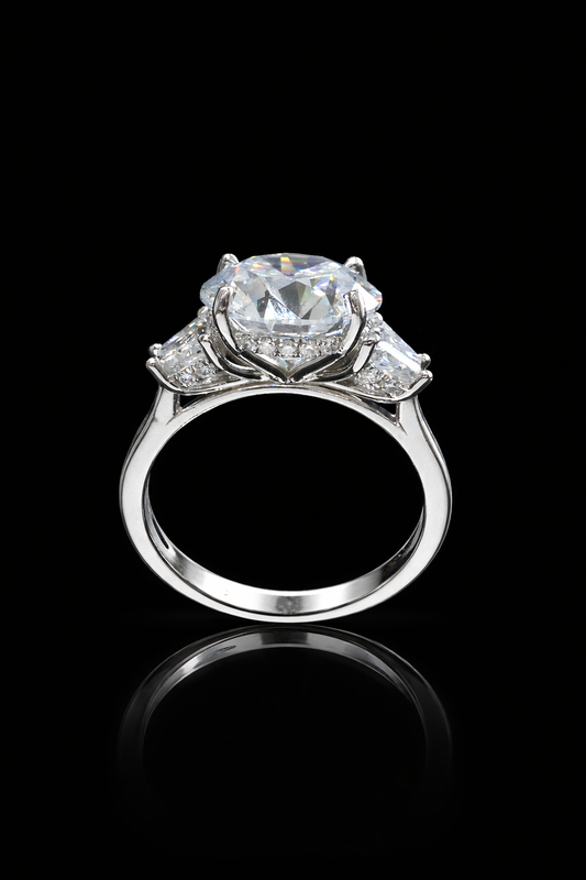 Round-Cut Lab-Grown Diamond Three-Stone Ring in White Gold | Baguette Accent Setting