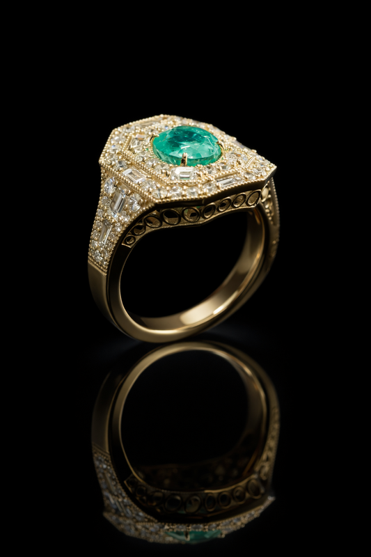 Vintage Octagonal Emerald Halo Ring in Yellow Gold | Baguette & Round Diamond Double Halo