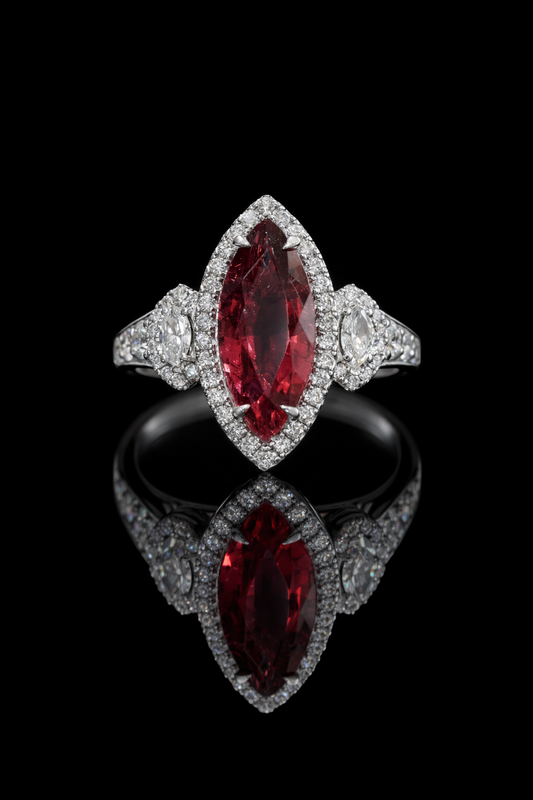 Imperial Marquise Rubellite Ring in White Gold | Diamond Halo & Accent Shoulders
