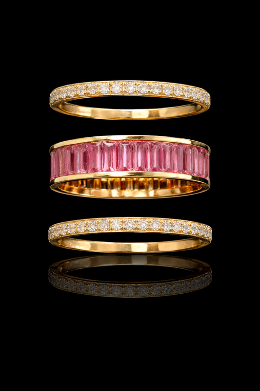 Pink Sapphire Baguette Eternity Band in White Gold | Diamond-Framed Channel Design