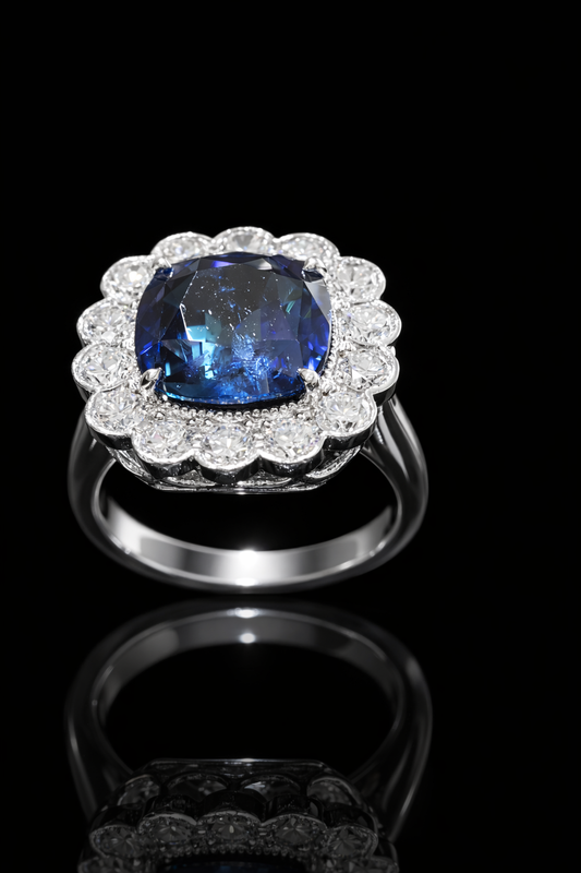 Sapphire & Diamond Halo Ring in White Gold | 6.73 CT Sapphire + 1.77 CTW Diamonds