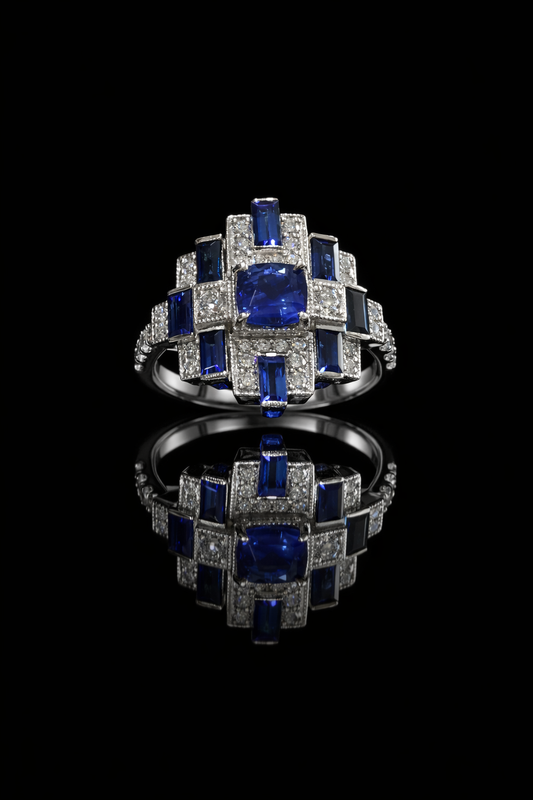 Sapphire & Diamond Multi-Halo Ring in White Gold | 1.20 CT Sapphire + .52 CTW Diamonds