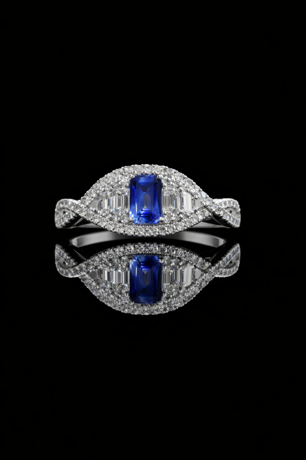 Sapphire & Diamond Halo Ring in White Gold | .60 CT Sapphire + .85 CTW Diamonds