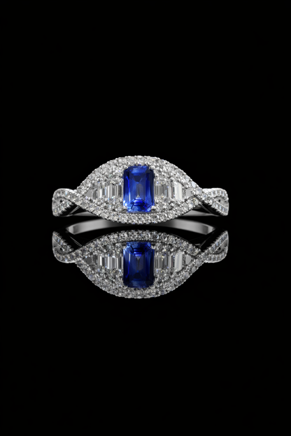 Sapphire & Diamond Halo Ring in White Gold | .60 CT Sapphire + .85 CTW Diamonds