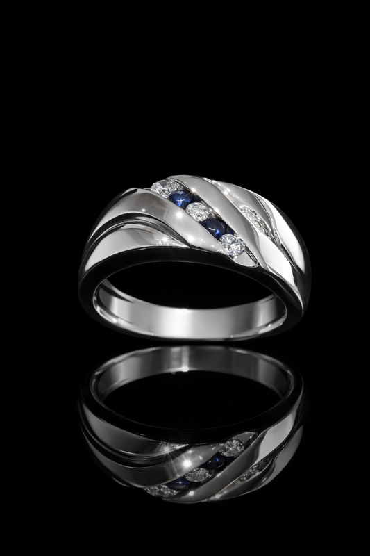 Men’s Sapphire & Diamond Wedding Band in White Gold | .22 CTW