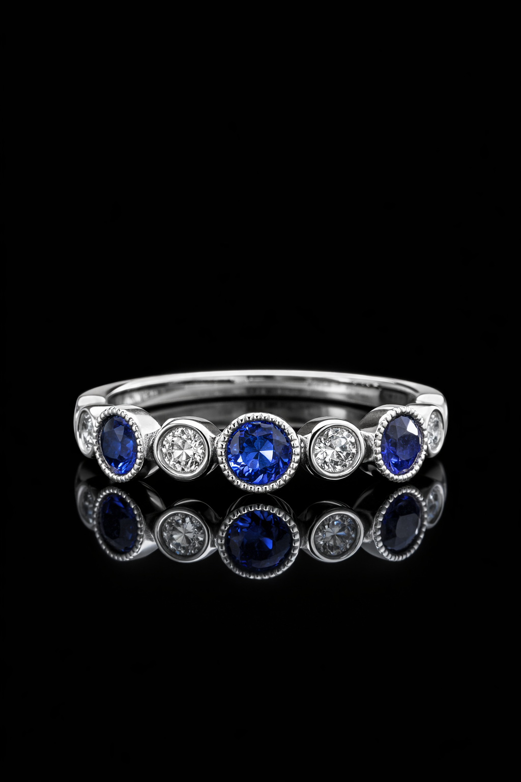 Bezel-Set Blue Sapphire & Diamond Half Eternity Band 14k White Gold| 1.45 CTW
