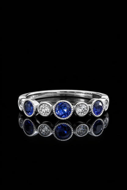 Bezel-Set Blue Sapphire & Diamond Half Eternity Band 14k White Gold| 1.45 CTW