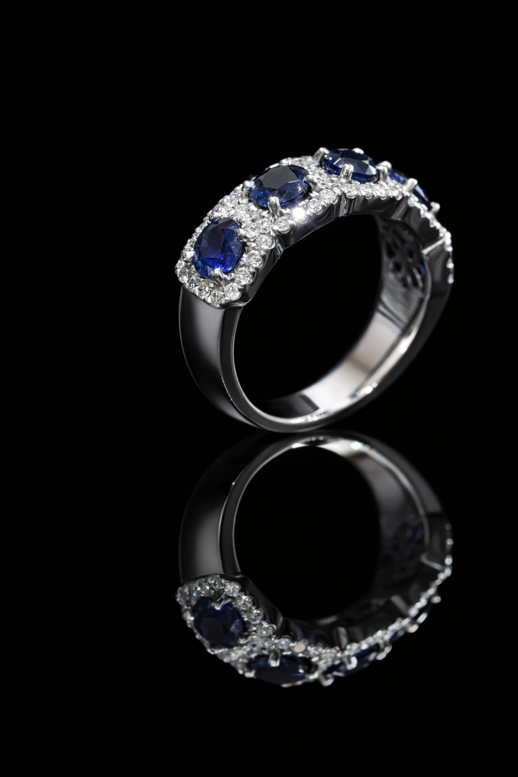 5 Stone Blue Sapphire & Diamond Half Eternity Band in White Gold | 3.05 CTW