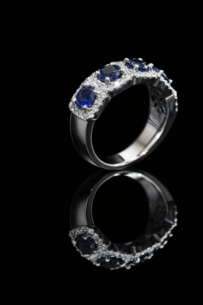 5 Stone Blue Sapphire & Diamond Half Eternity Band in White Gold | 3.05 CTW