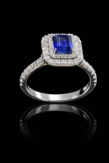Square Blue Sapphire Double Halo Ring with Diamonds | 1.70 CTW