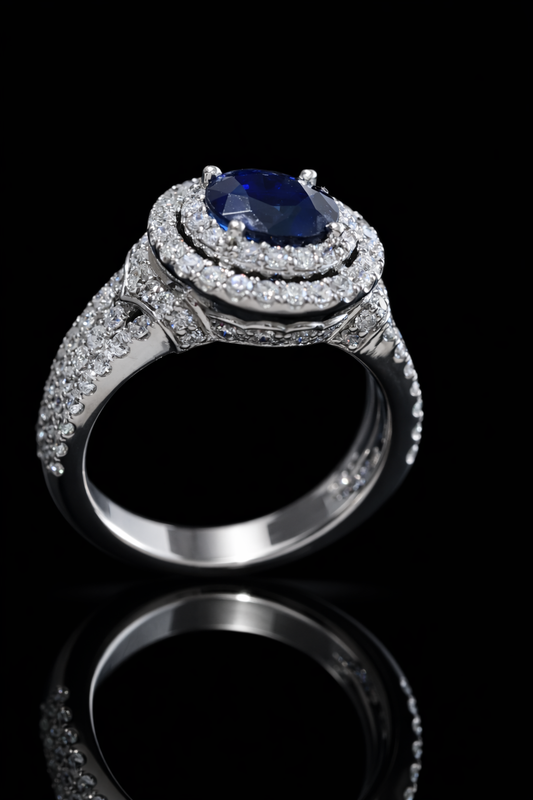 Natural Blue Sapphire Diamond Halo Ring – 3.30 TCW
