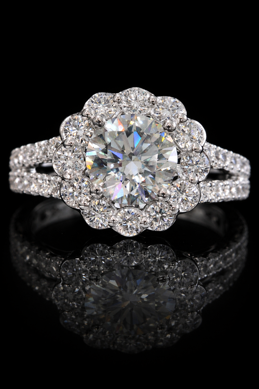 Round-Cut Lab-Grown Diamond Halo Engagement Ring with Pavé Split Shank in White Gold | Prong-Set Design