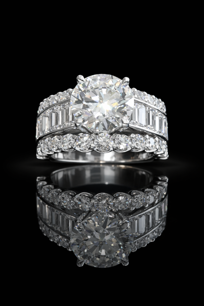 Round-Cut Lab-Grown Diamond Engagement Ring with Baguette & Round Accents in White Gold | Prong-Set Design