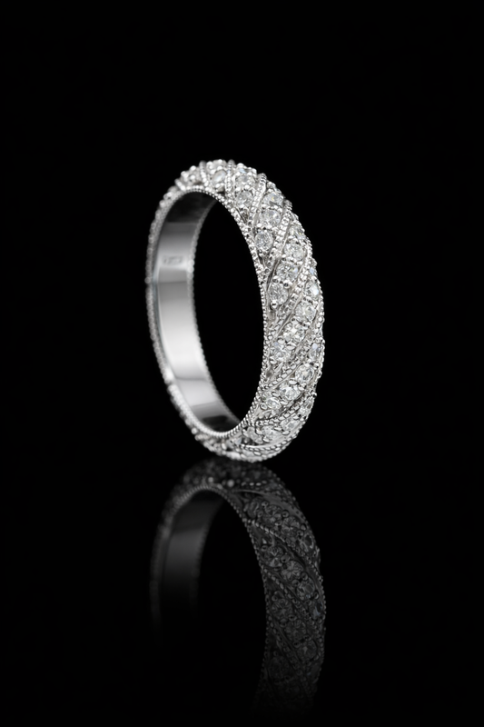 Intricate Woven Diamond Eternity Band in 14K White Gold | 0.95 CTW Milgrain Statement Band