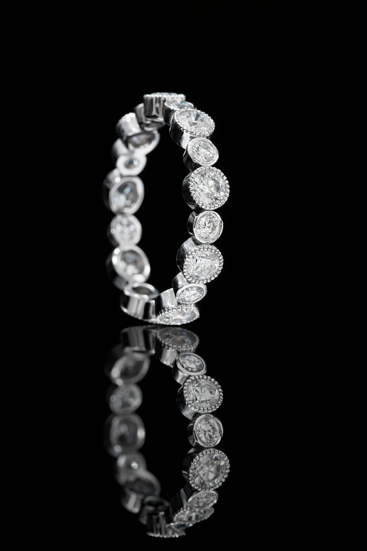 Natural Diamond Alternating Bezel Eternity Band in 14K White Gold | Vintage Milgrain Design