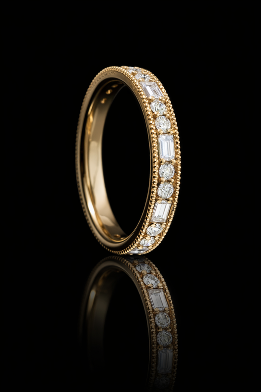 Vintage-Inspired Baguette & Round Diamond Eternity Band in 14K Yellow Gold | 0.90 CTW Milgrain Setting