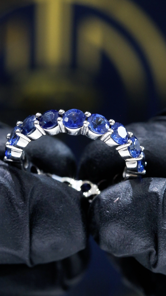 Natural Blue Sapphire Eternity Band Ring in 14K White Gold | Round Prong Set | 3.74 CT