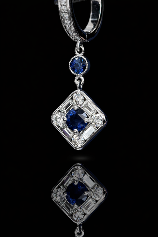 Natural sapphire diamond geometric drop earrings in 14K white gold with 0.90CT sapphires and 0.82CT G-H SI diamonds – Houston fine jewelry by Endless Diamonds.