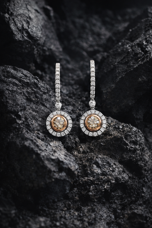 14k white gold champagne diamond halo drop earrings 2.95 carat GH SI diamonds luxury fine jewelry Houston TX