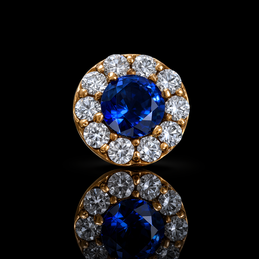Natural round sapphire diamond halo stud earrings in 14K yellow gold with 0.20CT G-H SI diamonds – fine Houston jewelry by Endless Diamonds.