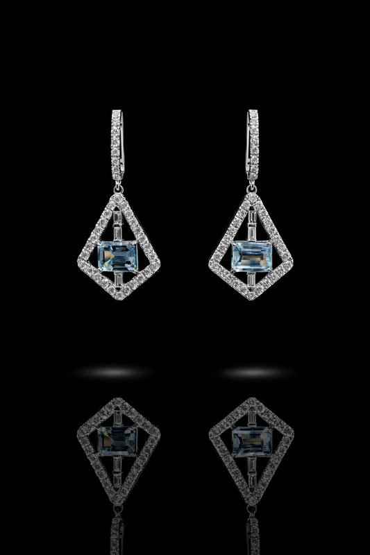 14k yellow gold aquamarine diamond geometric drop earrings with baguette diamonds luxury Houston fine jewelry